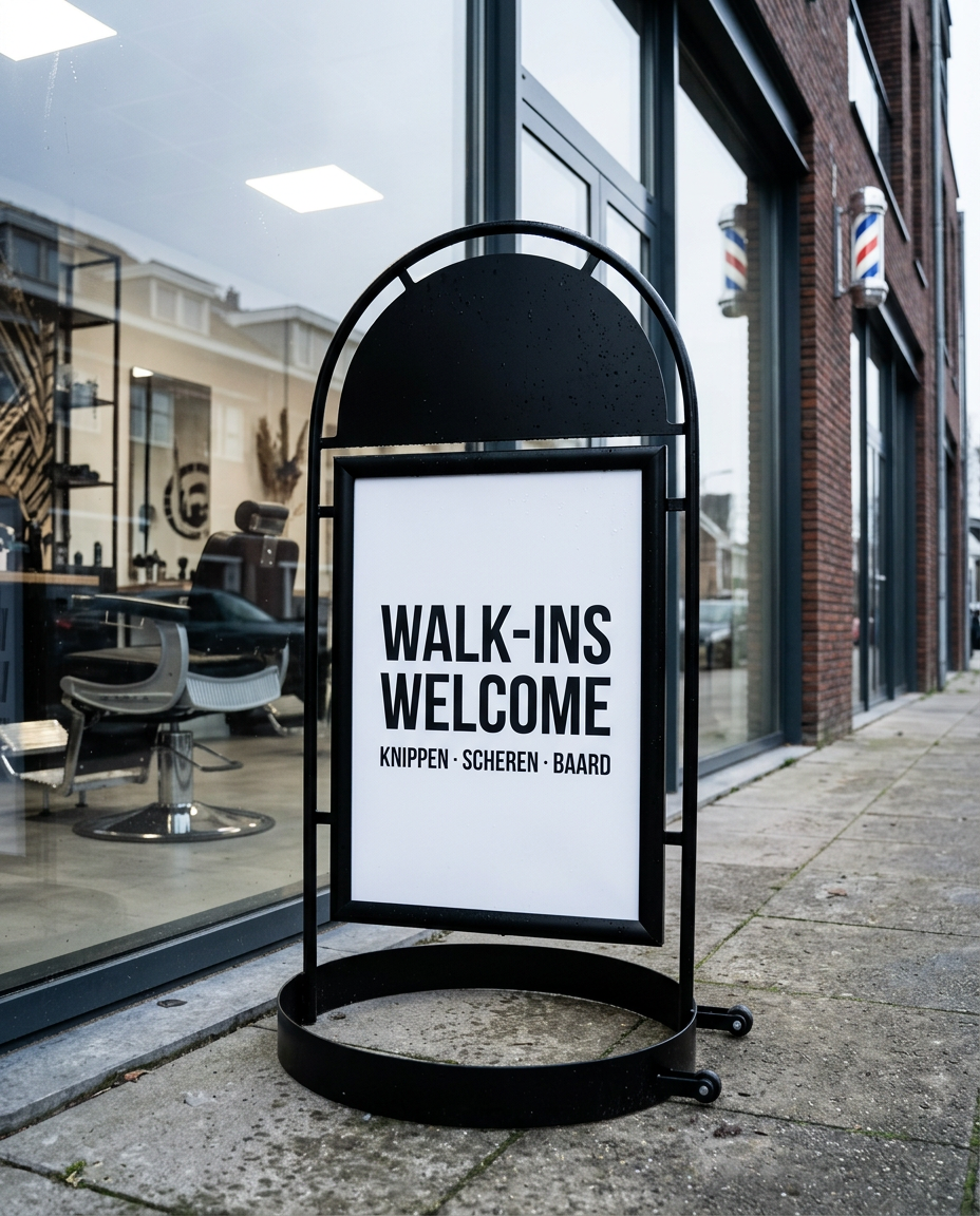 Stoepbord met een walk-in boodschap voor een barbershop