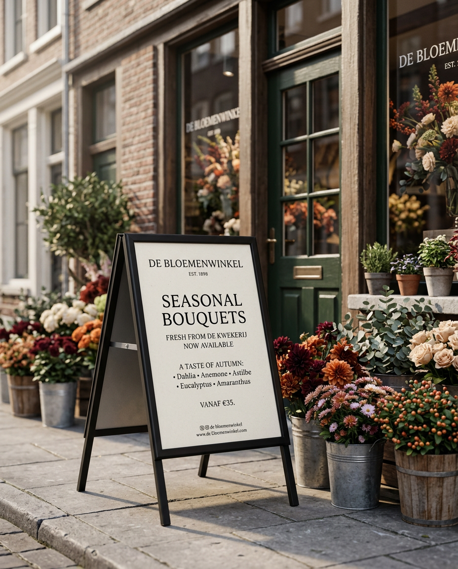 Stoepbord met een elegante seizoensposter voor een bloemenzaak