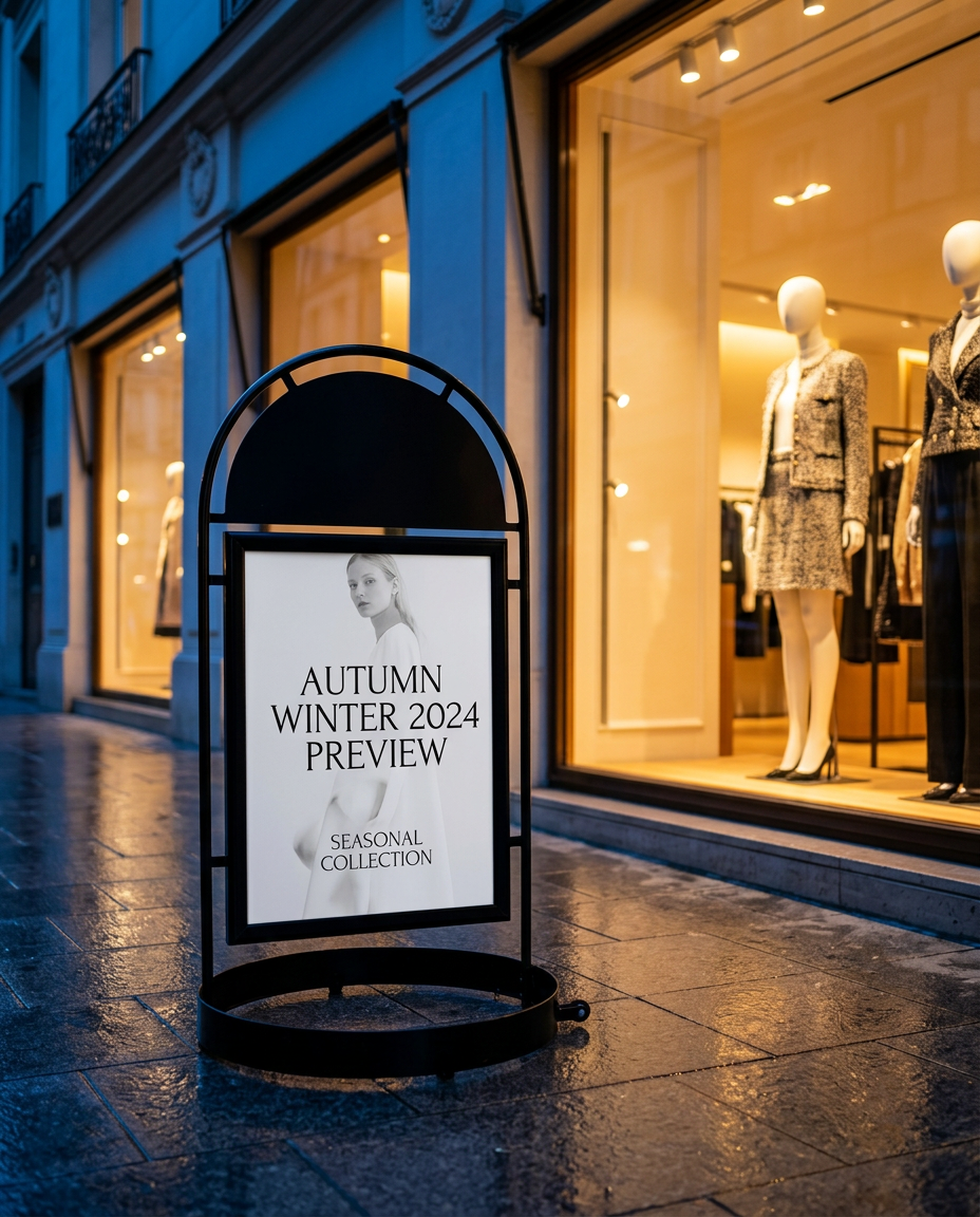 Stoepbord met een collectie-uiting voor een modeboutique