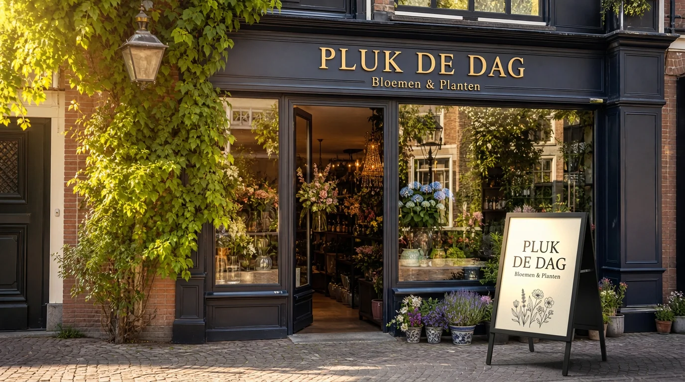 Bloemist met een premium zwart stoepbord en een op maat ontworpen poster voor de deur